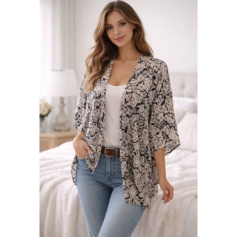 En Creme Womens Kimono Cardigan Navy Blue Cream Paisley Print Open Front Large